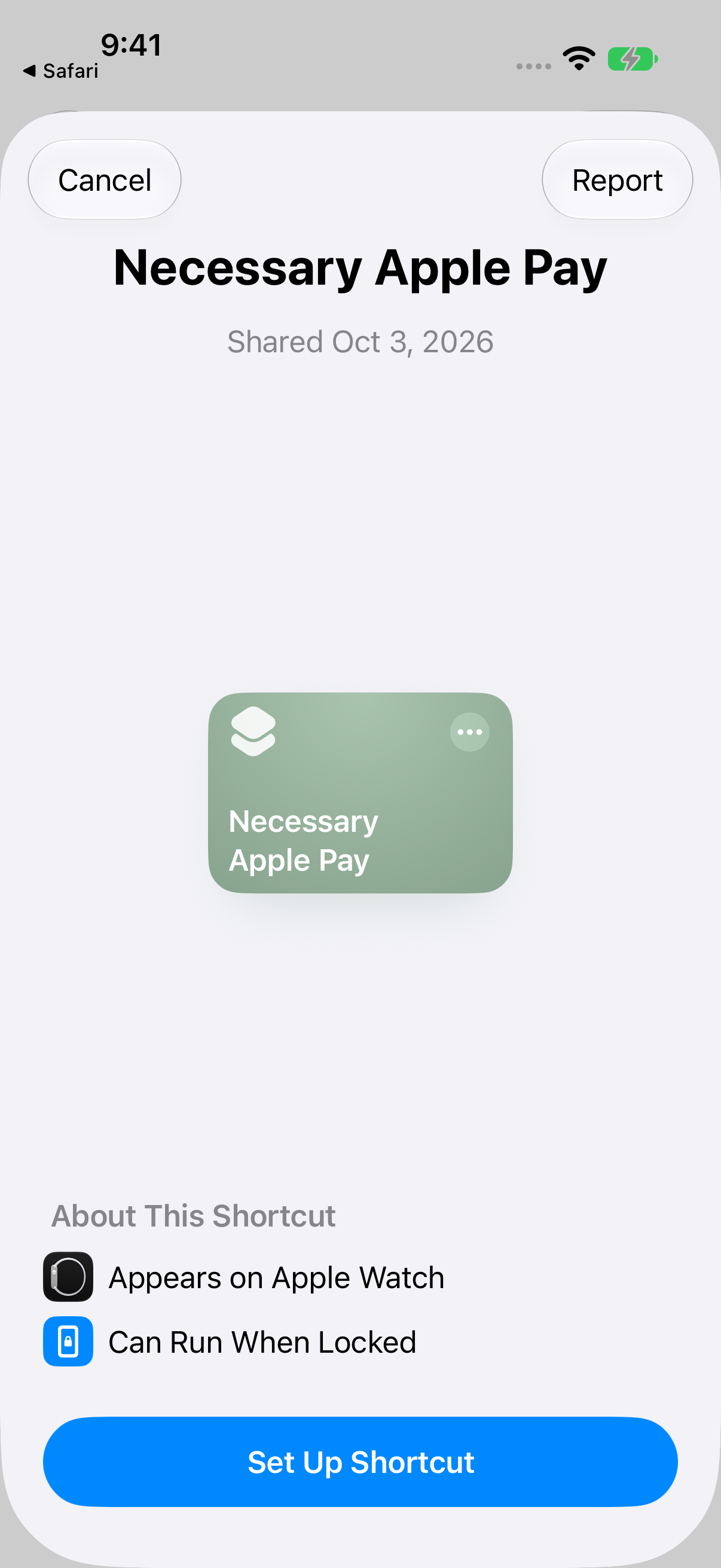 Shortcuts import screen showing Necessary Apple Pay and the Set Up Shortcut button