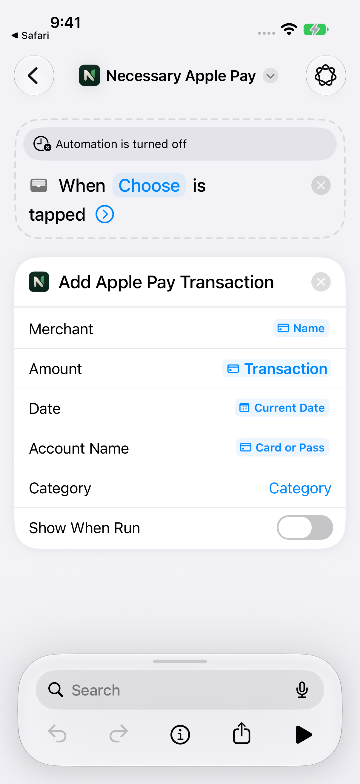 Necessary Apple Pay editor with the Wallet trigger’s Cards field