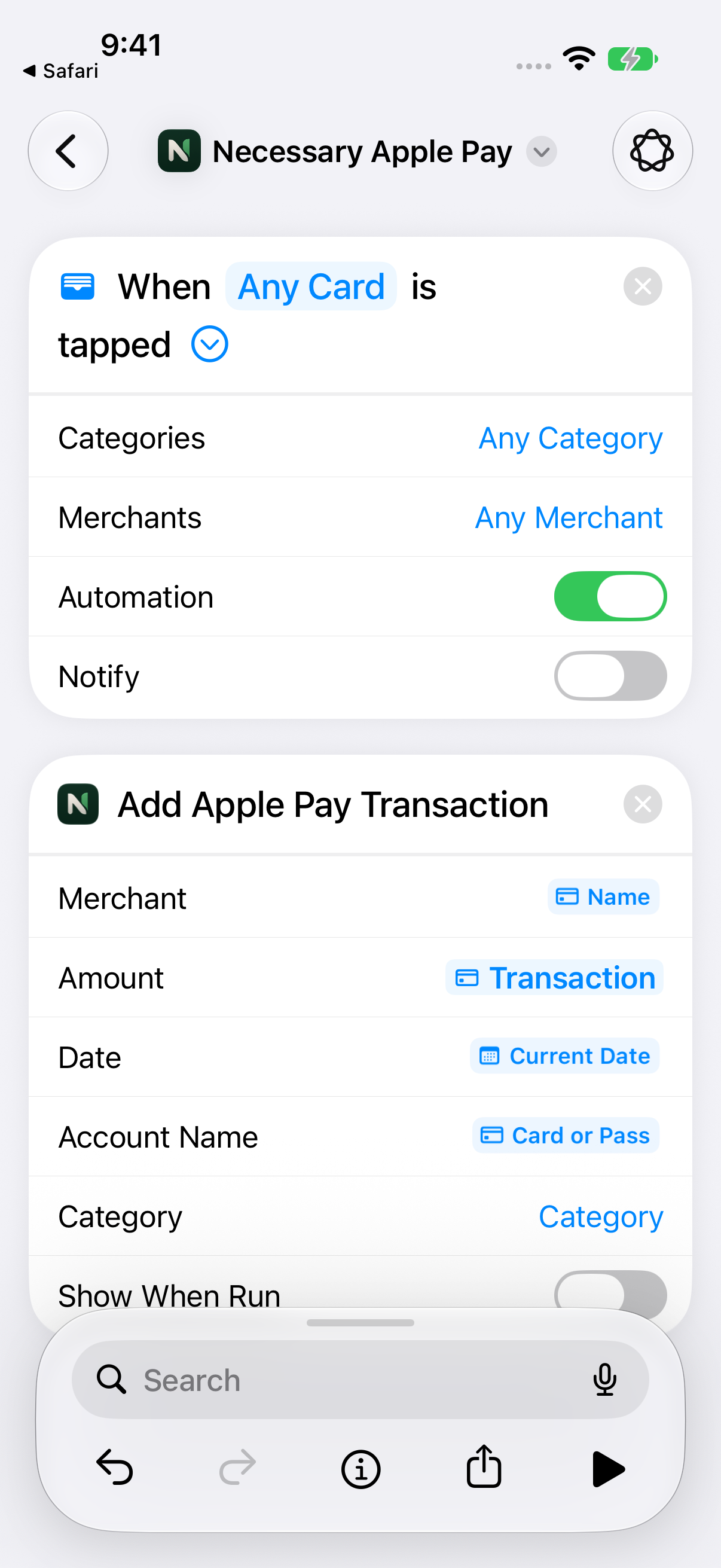 Wallet transaction trigger expanded with the Automation switch enabled